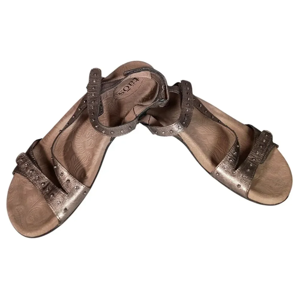 Taos Sandal Flat Pewter Gray Leather Studded Strappy Womens 9